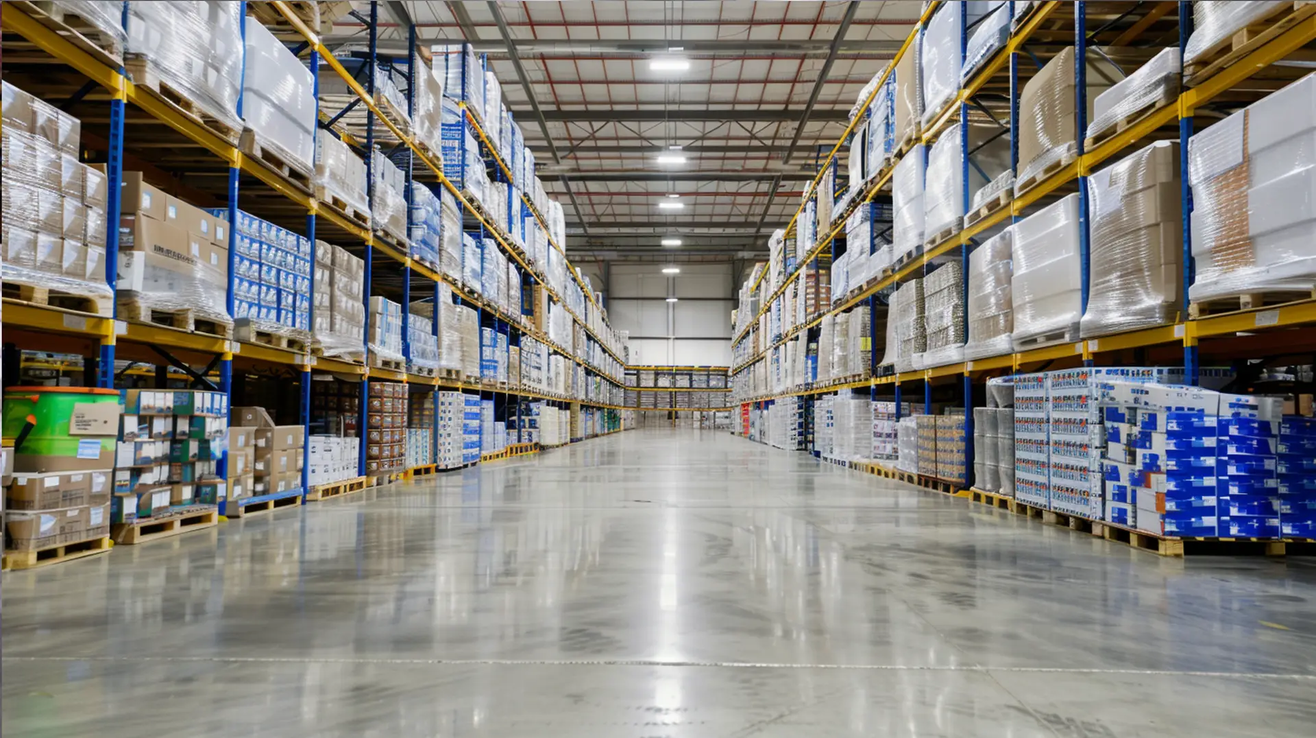 Weitläufiges Großhandelslager mit vollbestückten Palettenregalen unter hoher Hallendecke