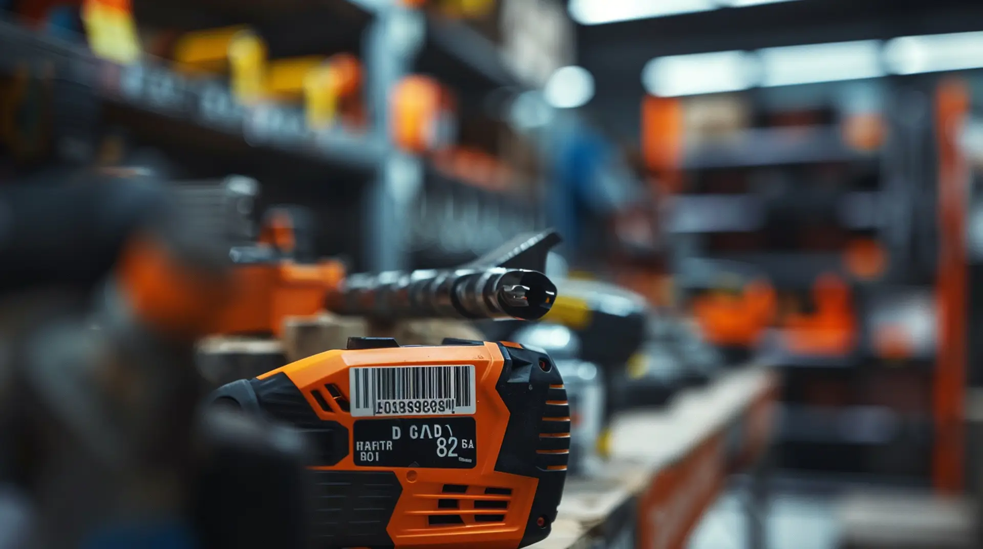 Orangefarbener Akku-Bohrer mit Barcode-Etikett in Werkzeughandel-Regal – Etiketten Heimwerkerbedarf DIY