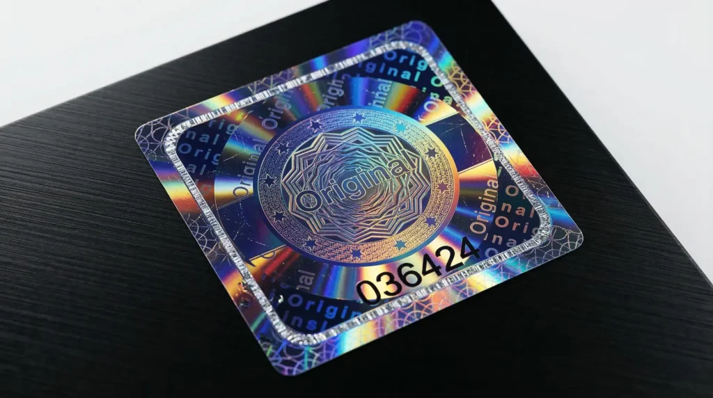 Quadratisches Hologramm-Etikett Original mit Seriennummer auf schwarzem Untergrund – Echtheitsetikett