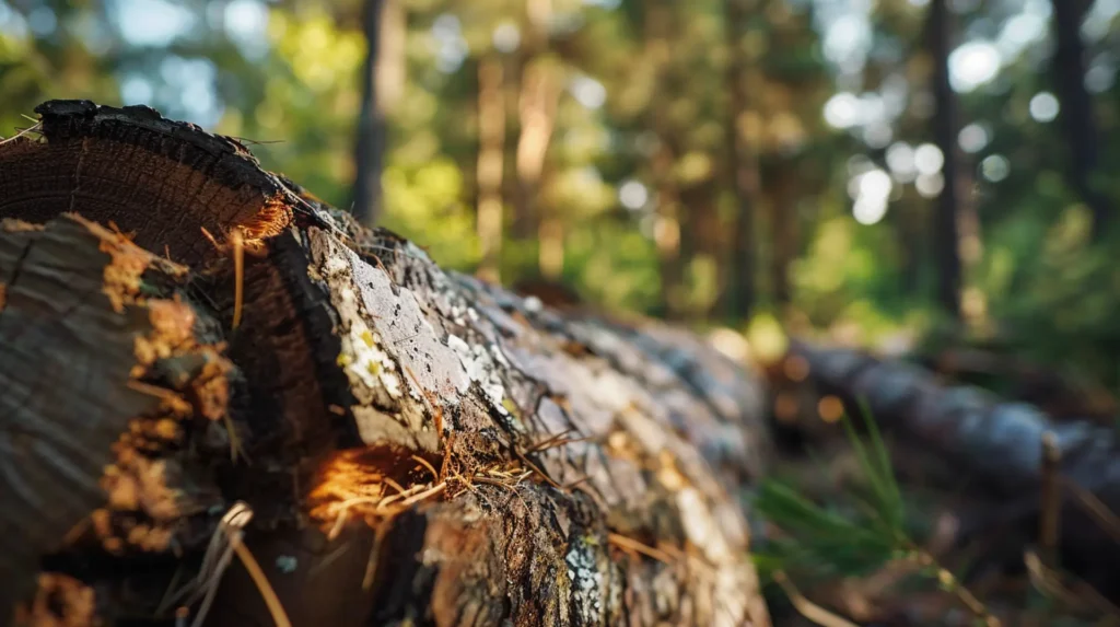 Gefällter Baumstamm im Wald mit Sonnenlicht – Etiketten Holz- und Forstwirtschaft