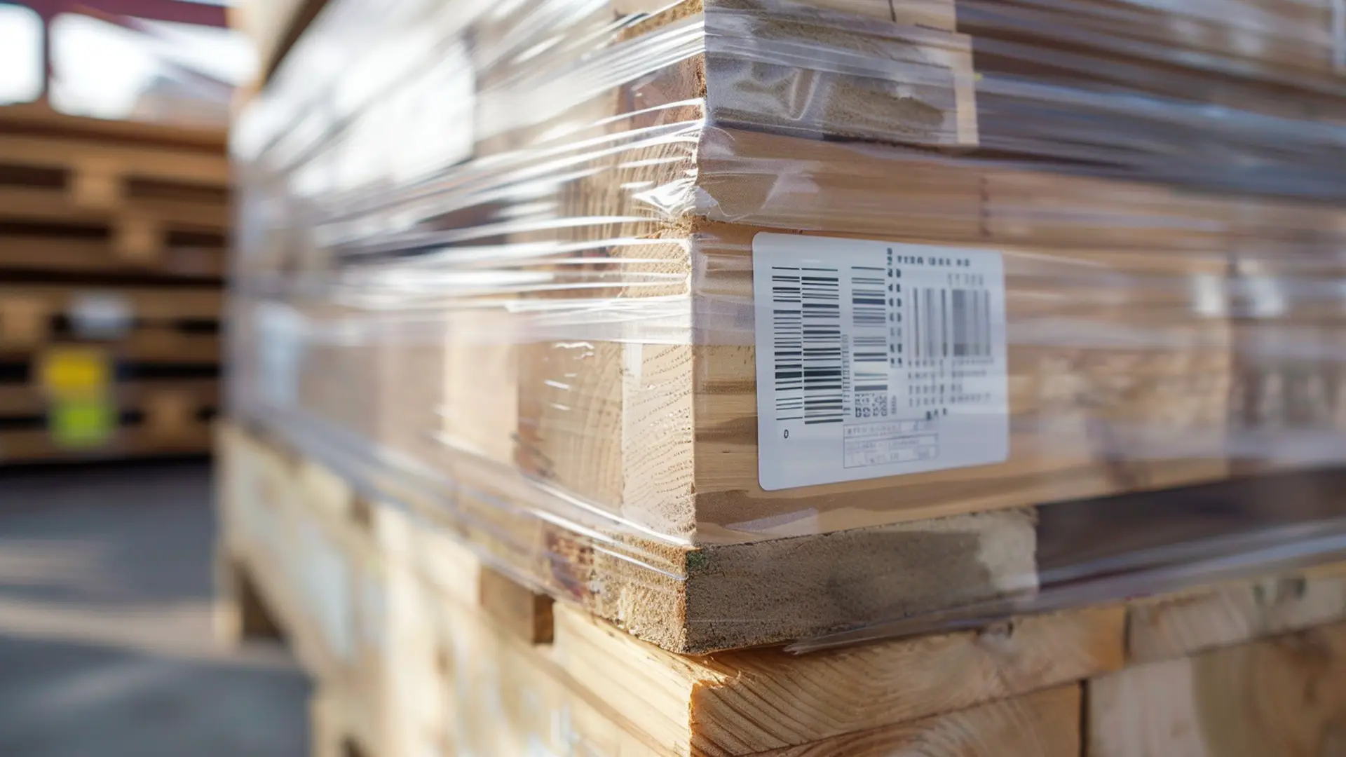 Gestapelte Holzplatten in Folie mit Barcode-Etikett im Holzlager – Etiketten Holz- und Forstwirtschaft