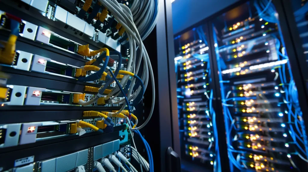 Netzwerk-Patchfeld mit gelben Kabeln neben beleuchteten Serverracks – IT-Rechenzentren