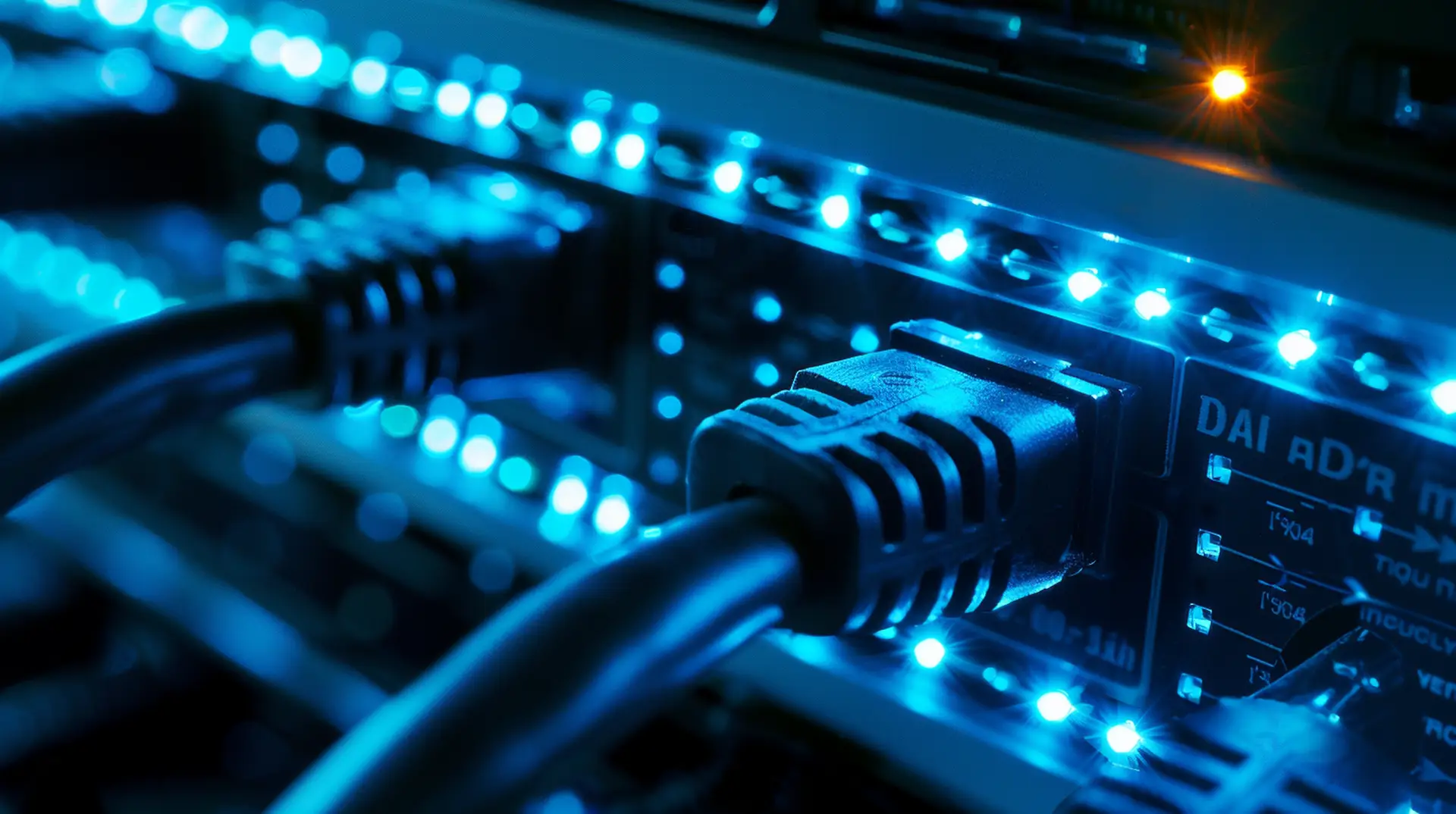 Beleuchtete Netzwerkkabel im blauen Patch-Panel eines Serverraums – Etiketten IT-Rechenzentren