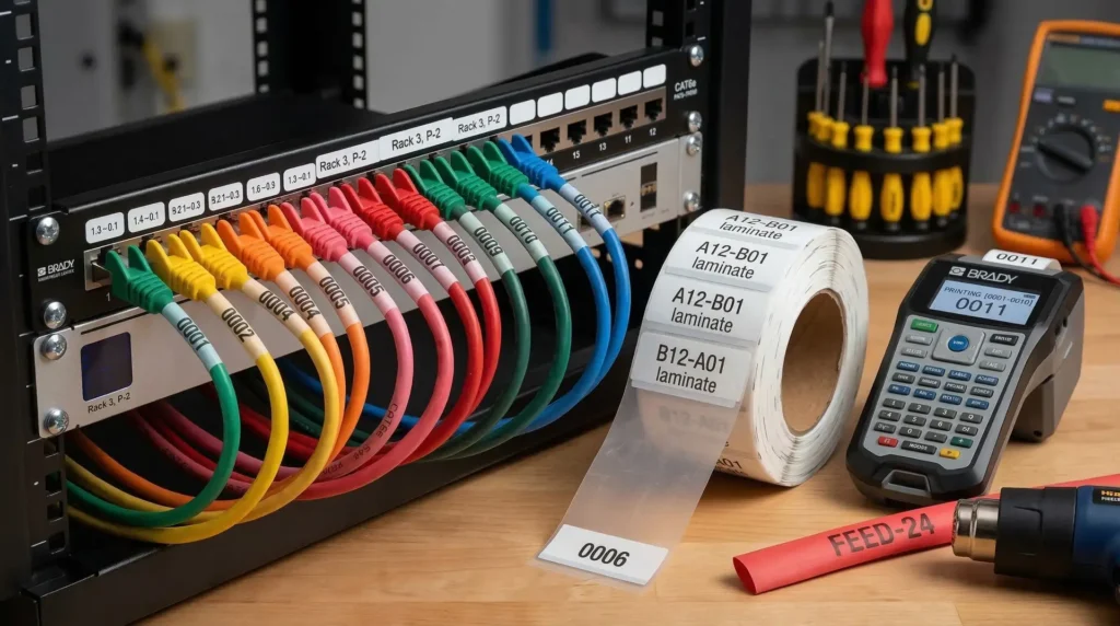 Netzwerk-Patchpanel mit farbigen Kabeln und weißen Kabelmarkierern mit Bezeichnung – Kabelmarkierer