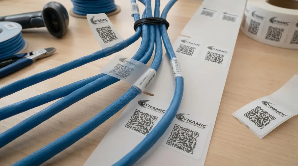 Blaue Datenkabel mit weißen Kabelmarkierern mit QR-Code und Logo – Kabelmarkierer