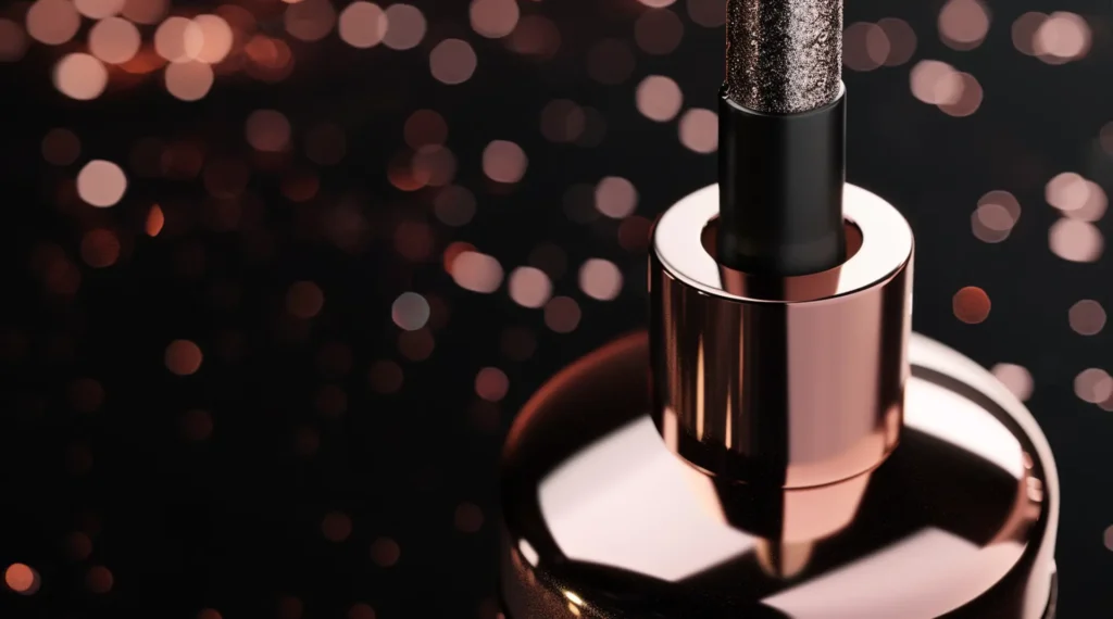 Nahaufnahme Lippenstift-Hülse in Roségold mit Bokeh-Hintergrund – Etiketten Kosmetik Körperpflege