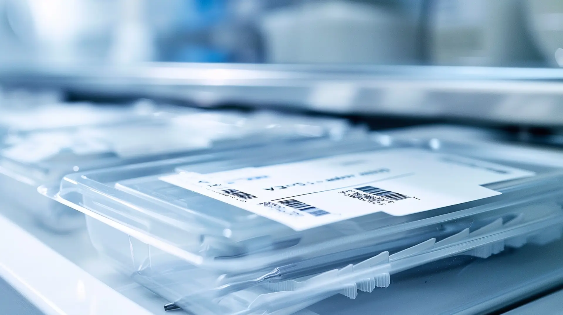 Steril verpackte Medizinprodukte mit weißem Barcode-Etikett in blauem Kliniklicht