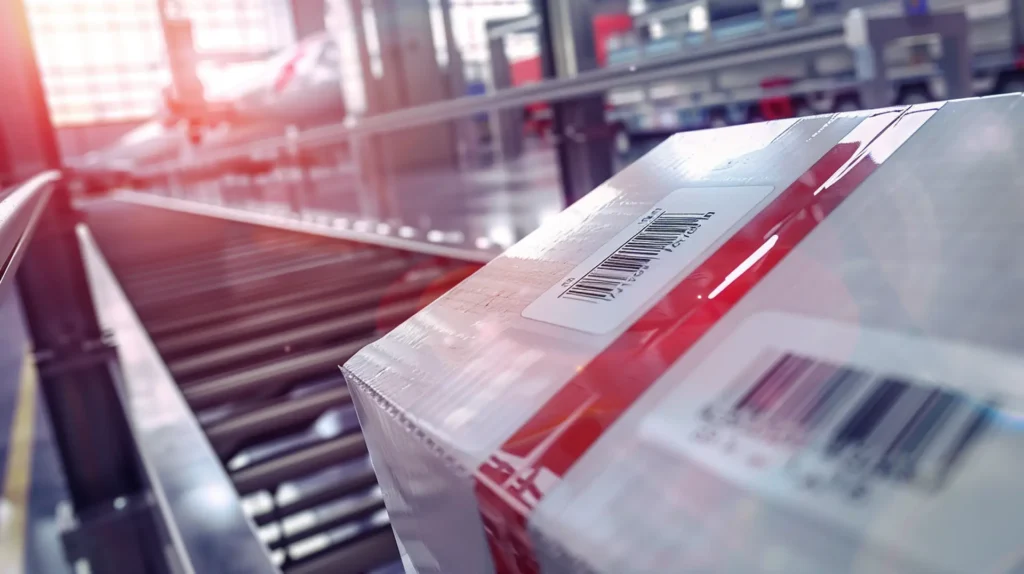 Weißes Paket mit Barcode-Etikett auf rotem Förderband in Paketsortieranlage – Kurier-Paketdienste
