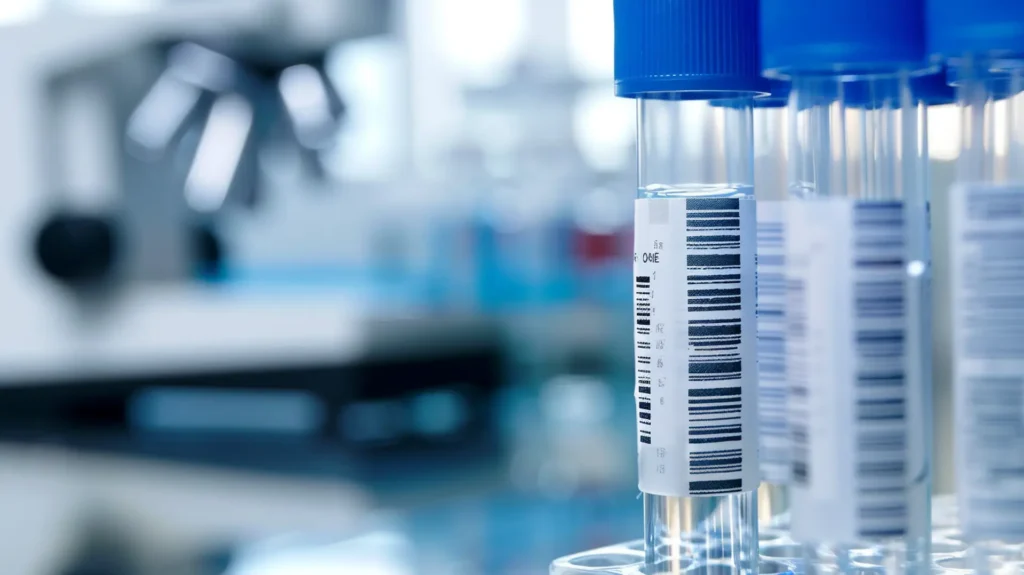 Reagenzgläser mit blauem Deckel und Barcode-Etiketten vor Mikroskop – Labor Analysedienstleistungen