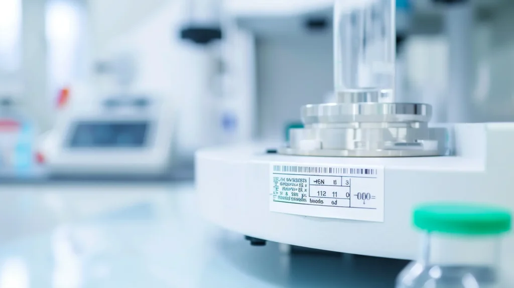 Präzisionswaage mit Etikett und Messdaten im hellen Labor – Etiketten Analysedienstleistungen