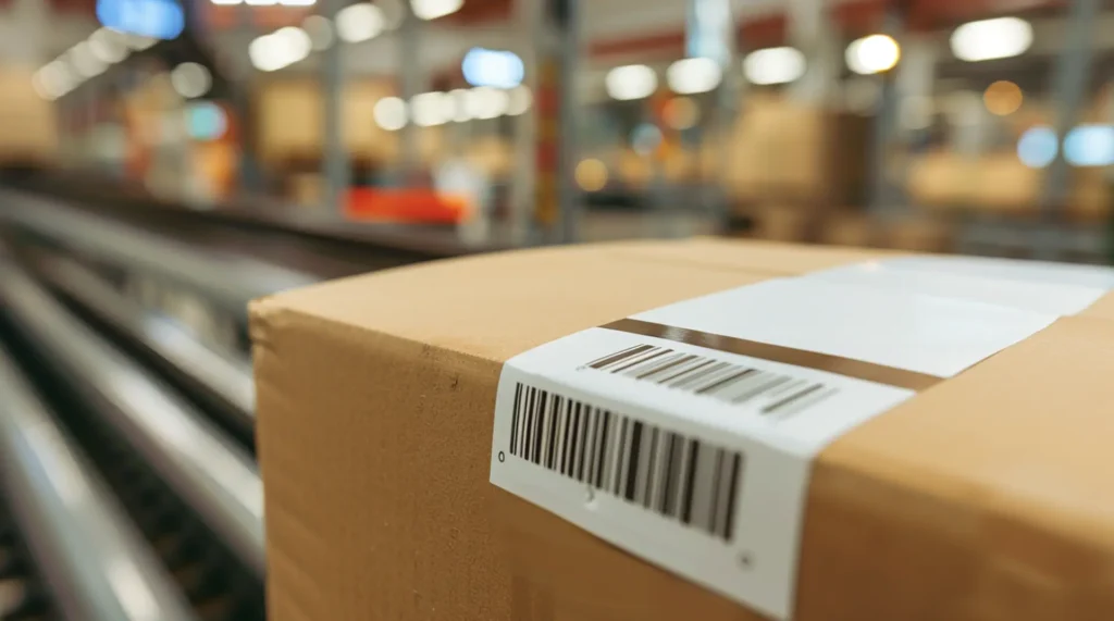 Kartonpaket mit weißem Barcode-Etikett auf Förderband im Logistikzentrum – Lagerwirtschaft
