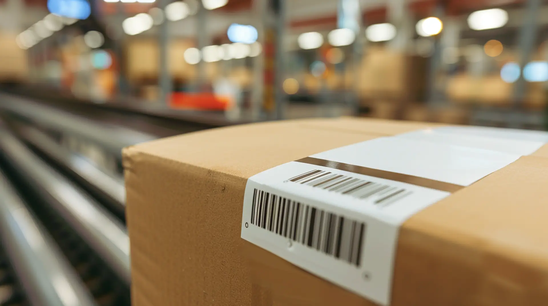Kartonpaket mit weißem Barcode-Etikett auf Förderband im Logistikzentrum – Lagerwirtschaft