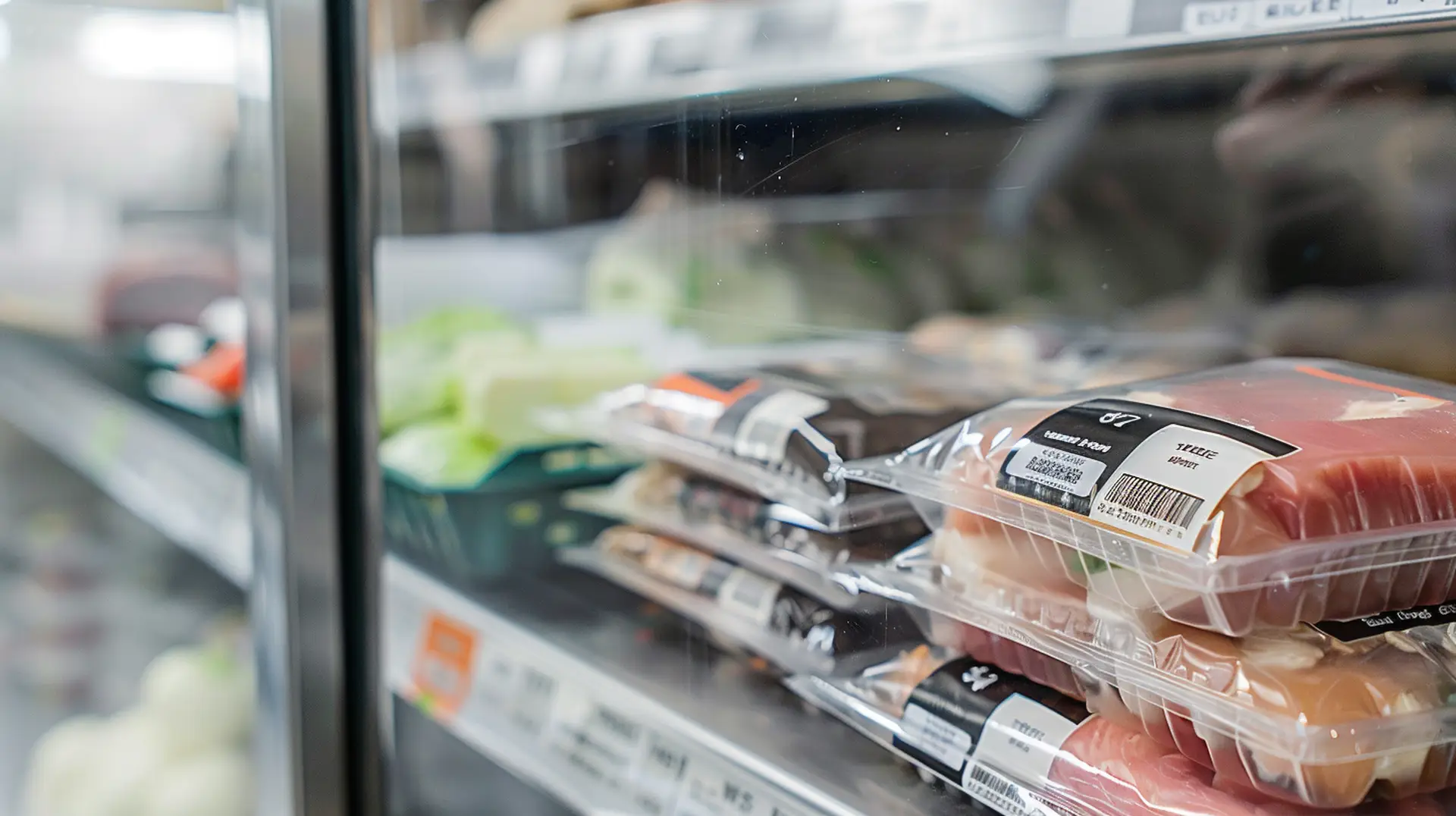 Frischfleisch in Klarsichtschalen mit schwarzem Barcode-Etikett in Supermarkt-Kühltheke