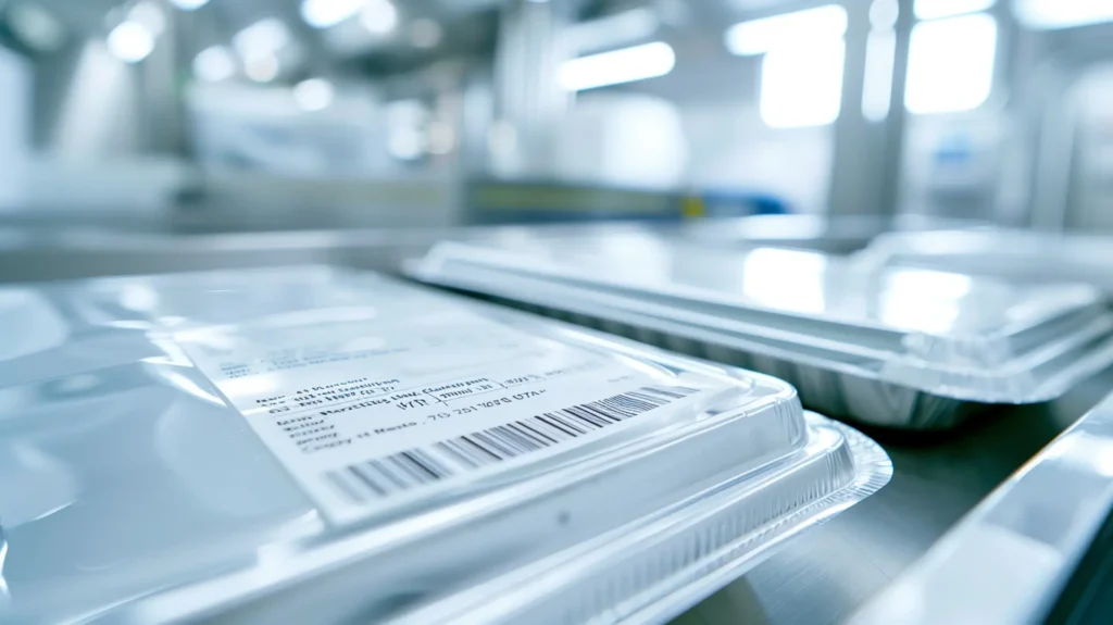 Aluminium-Cateringschalen mit weißem Barcode-Etikett auf Förderband – Luftfahrt-Catering