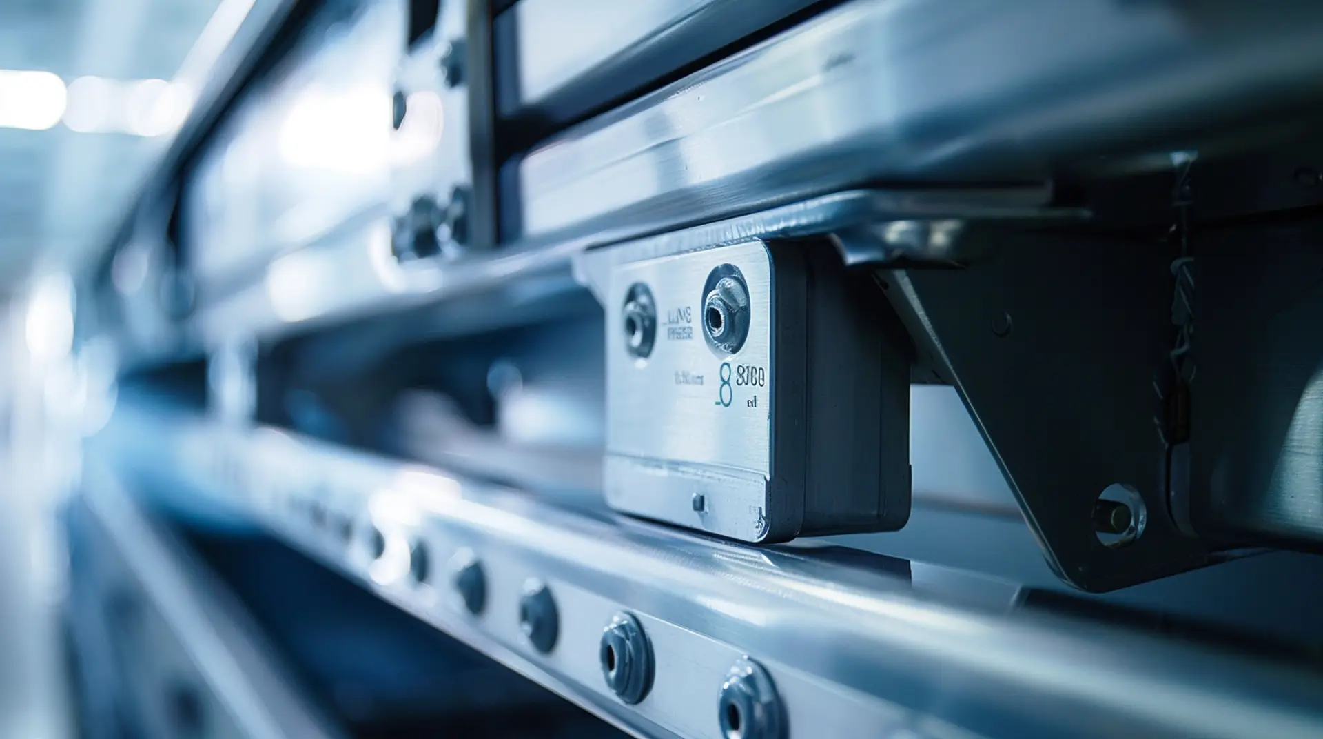 Nahaufnahme Linearführungsschiene mit Sensor-Modul in blauem Industrielicht – Etiketten Luftfahrt-Catering