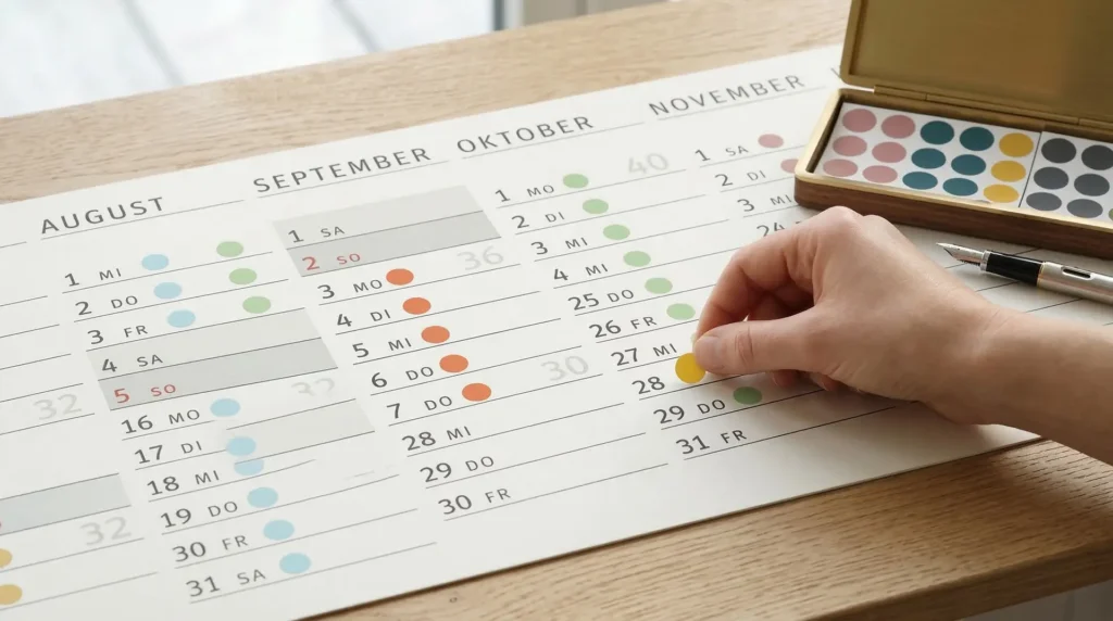 Hand klebt bunten Markierungspunkt auf Tischkalender – Markierungspunkte zur Terminplanung