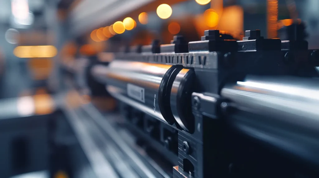 Große Industrie-Anlage mit Rohrleitungen und gelben Warnetiketten – Etiketten Maschinen-Anlagenbau