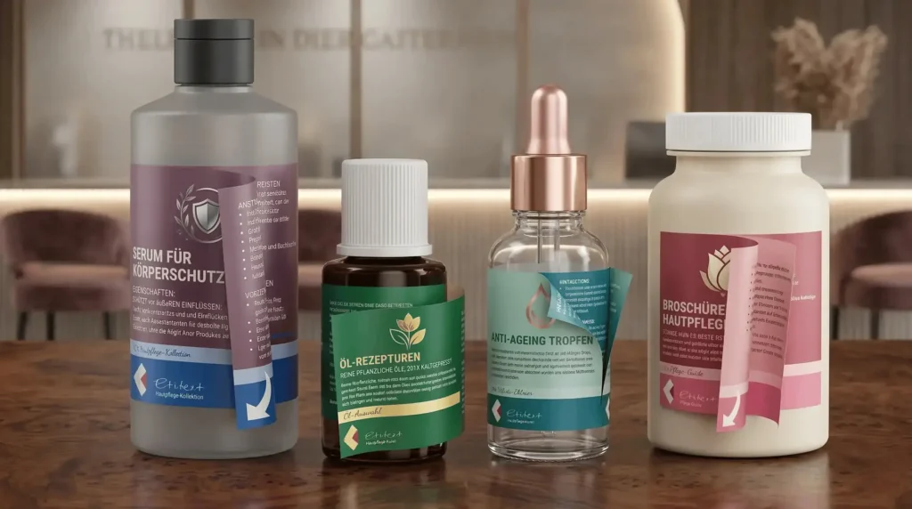 Vier Kosmetikflaschen mit aufgeklappten Mehrlagen-Etiketten für Serum, Öl-Rezeptur und Hautpflege
