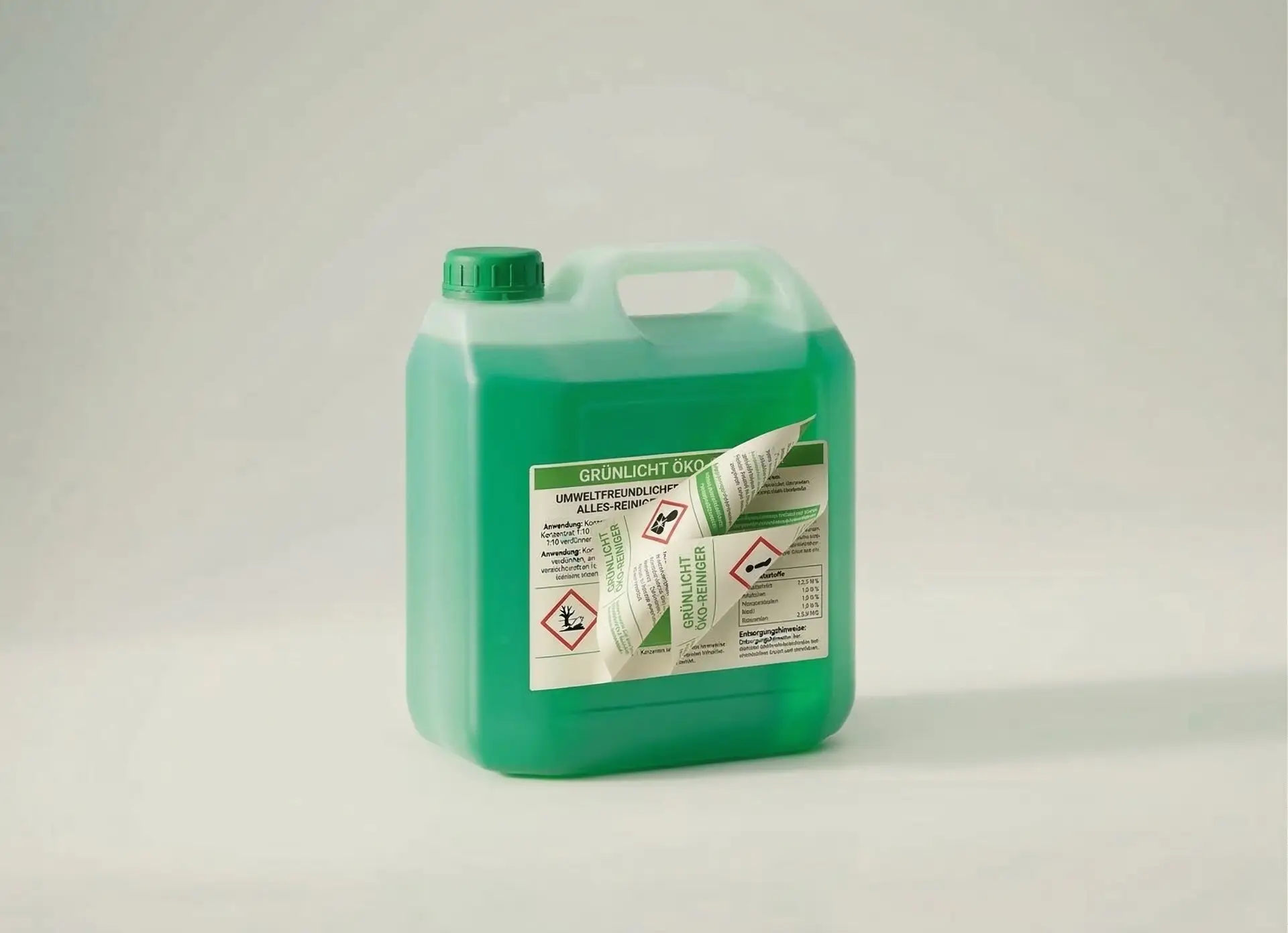 Grüner Kanister mit aufgeklapptem Mehrlagen-Etikett Grünlicht Öko-Reiniger und GHS-Symbolen