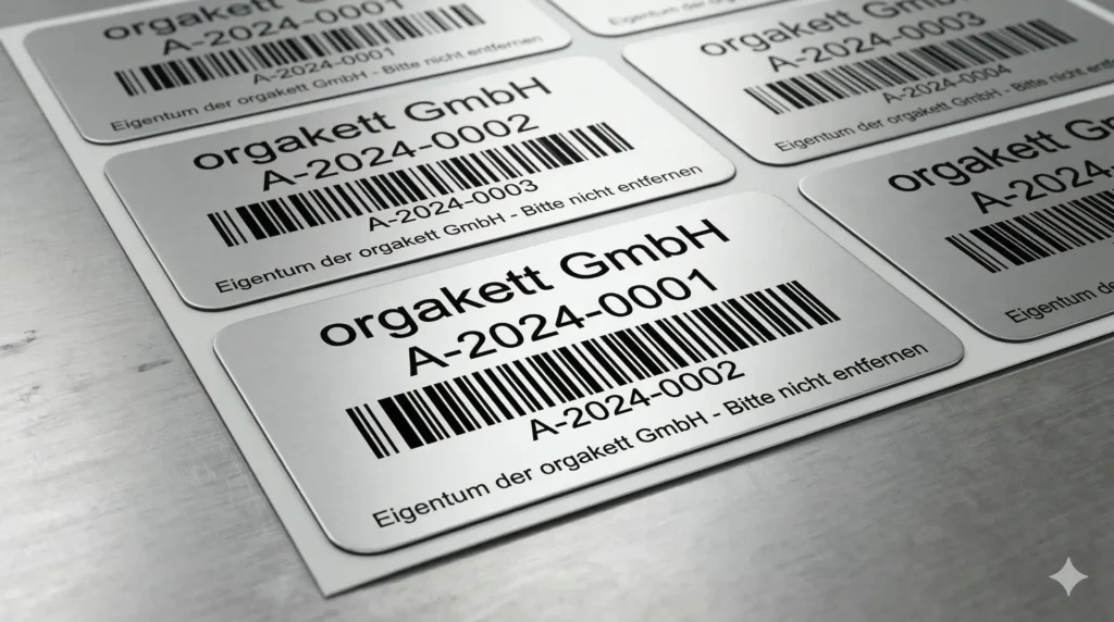 Silberne metallisierte Etiketten mit Barcode und Inventarnummer auf Metalloberfläche