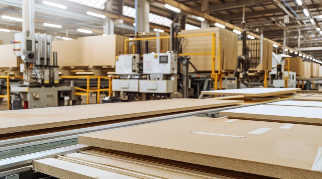 Spanplatten auf Produktionslinie in Möbelfabrik mit Maschinen im Hintergrund – Möbelindustrie