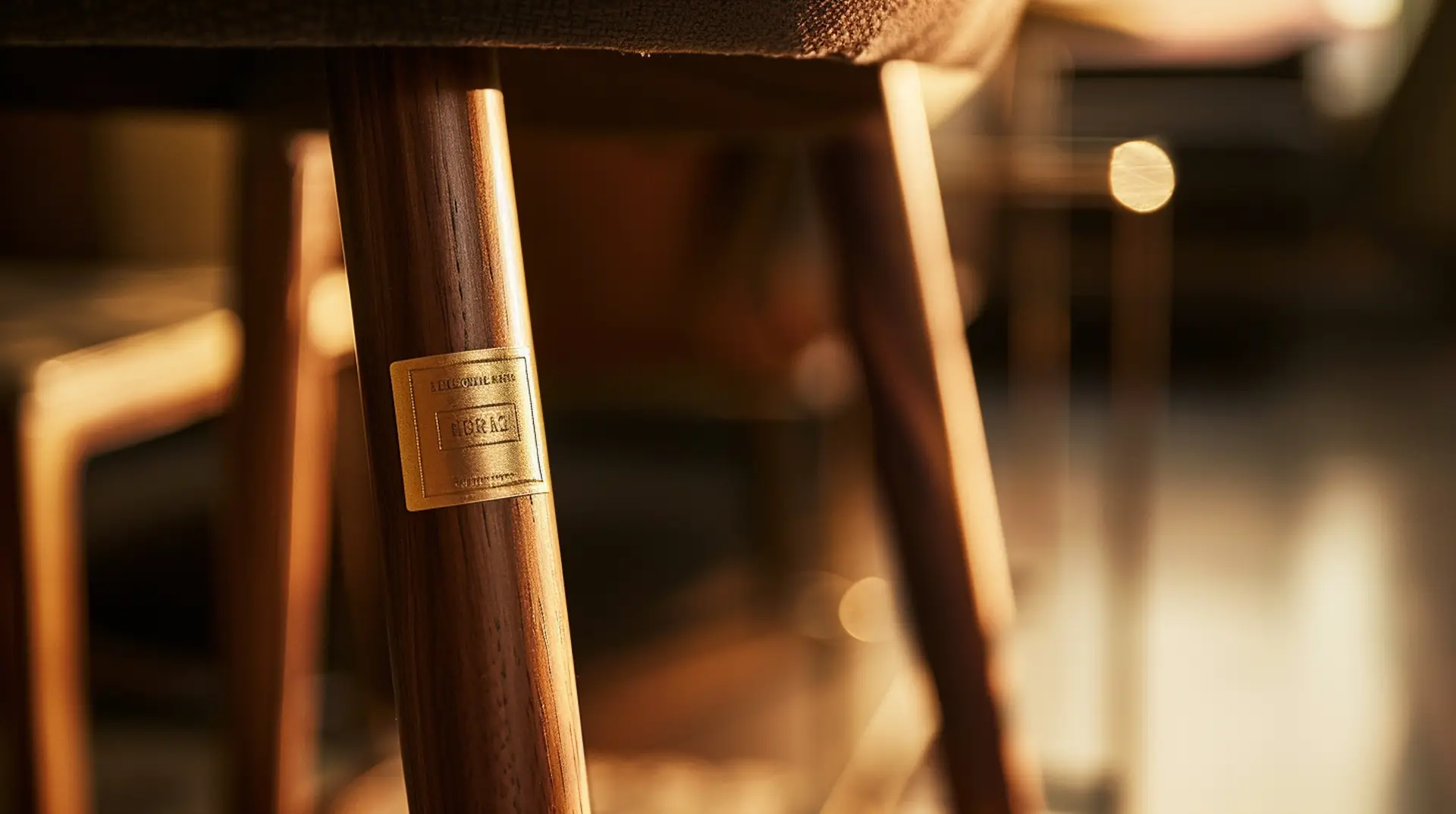 Holzstuhl-Bein mit goldenem Typenschild Horaz auf Luxusmöbel – Etiketten Möbelindustrie