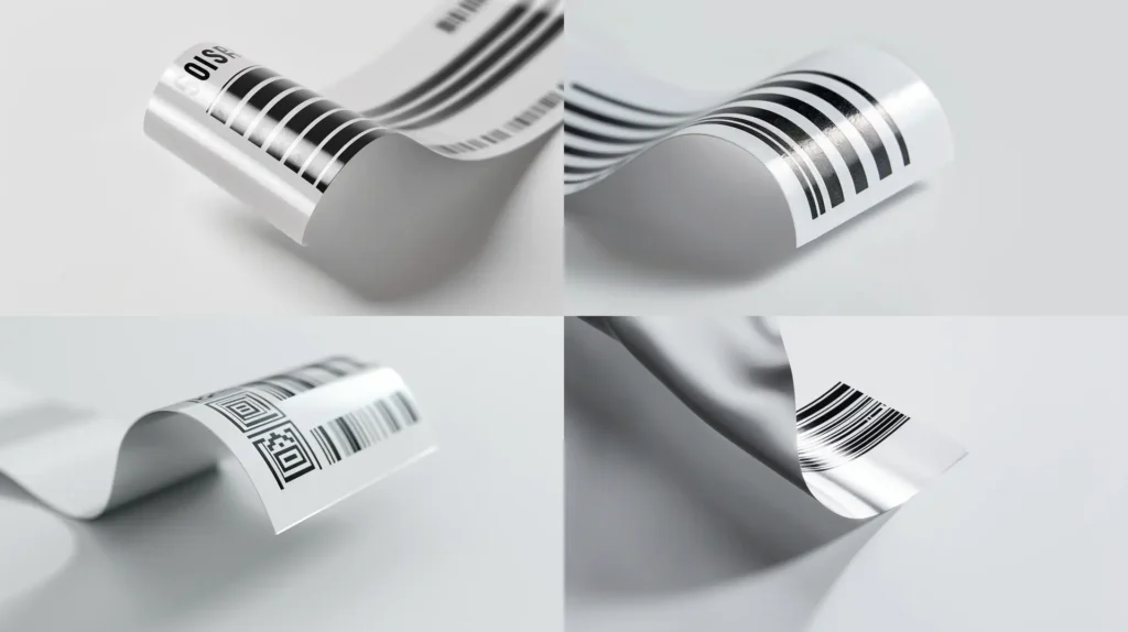 Gebogenes opakes Folienetikett mit Barcode auf weißem Hintergrund – opake Etiketten