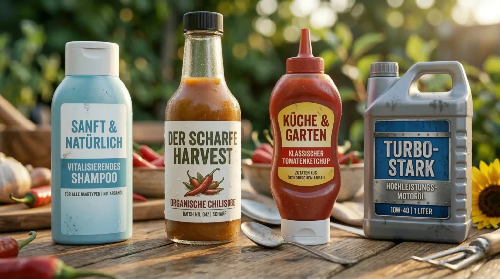 Vier verschiedene PE-etikettierte Flaschen Shampoo, Chilisauce, Ketchup, Motoröl auf Holztisch