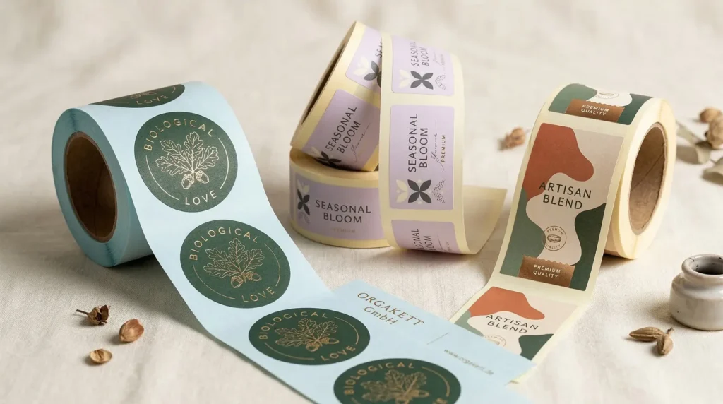 Drei Papieretiketten-Rollen mit Biological Love, Seasonal Bloom und Artisan Blend auf hellem Hintergrund