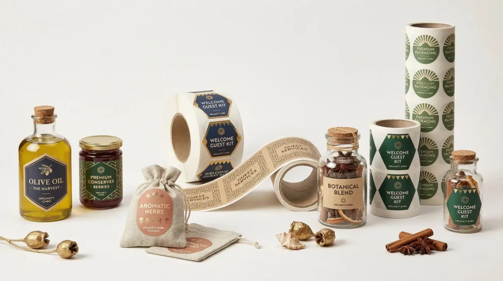 Olivenölflaschen und Glasgefäße mit eleganten Papieretiketten Welcome Guest Kit und Botanical Blend