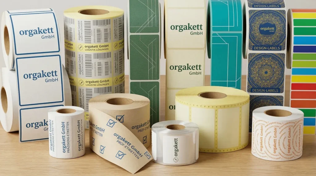 Viele verschiedene Etikettenrollen mit Logos und Farben auf Holztisch – Papieretiketten auf Rolle