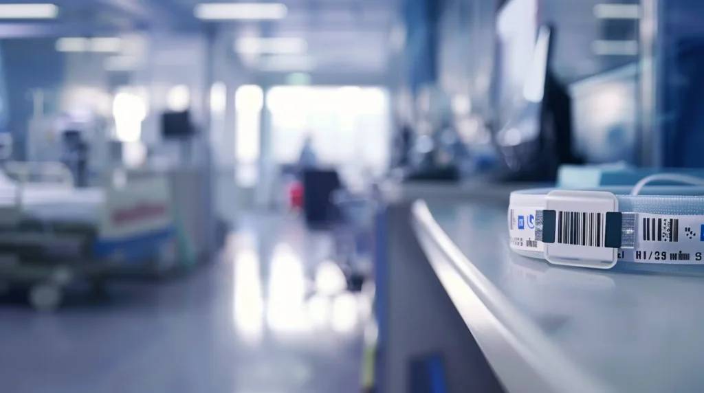 Medizinisches Gerät mit Barcode-Etikett im Krankenhauskorridor – Etiketten Pflege und Sozialwesen