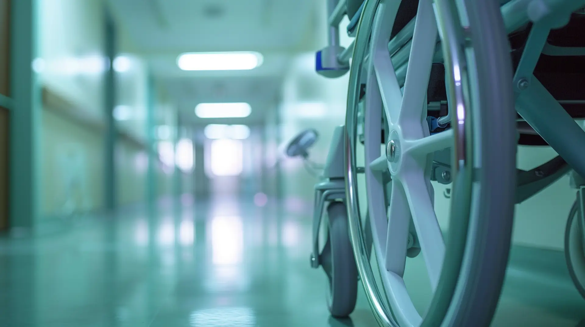 Rollstuhl in hellem Krankenhaus-Korridor mit Pflege-Stationen – Etiketten Pflege und Sozialwesen
