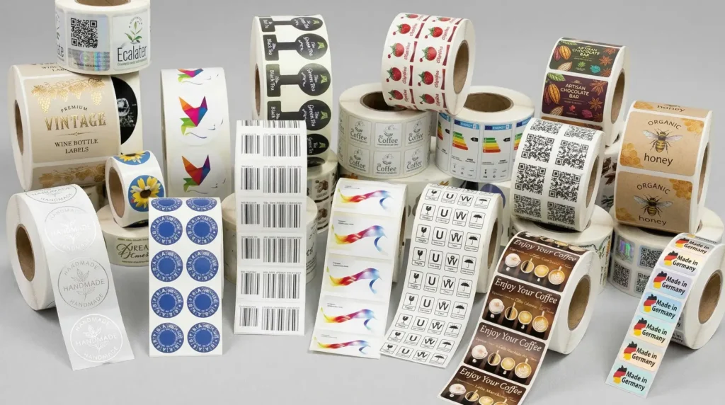 Sortiment von Rollenetiketten mit Vintage Wine, Barcode, Made in Germany und Coffee-Aufdrucken