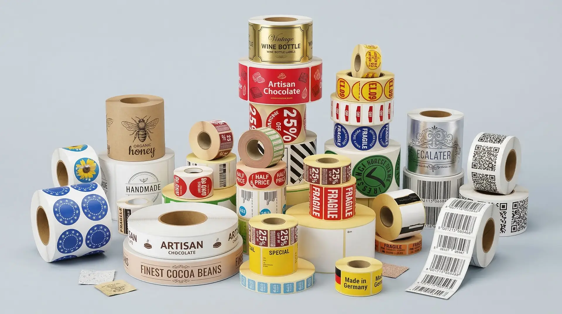 Große Auswahl bunter Rollenetiketten mit Honey, Artisan Chocolate und Fragile-Aufdrucken auf hellem Hintergrund