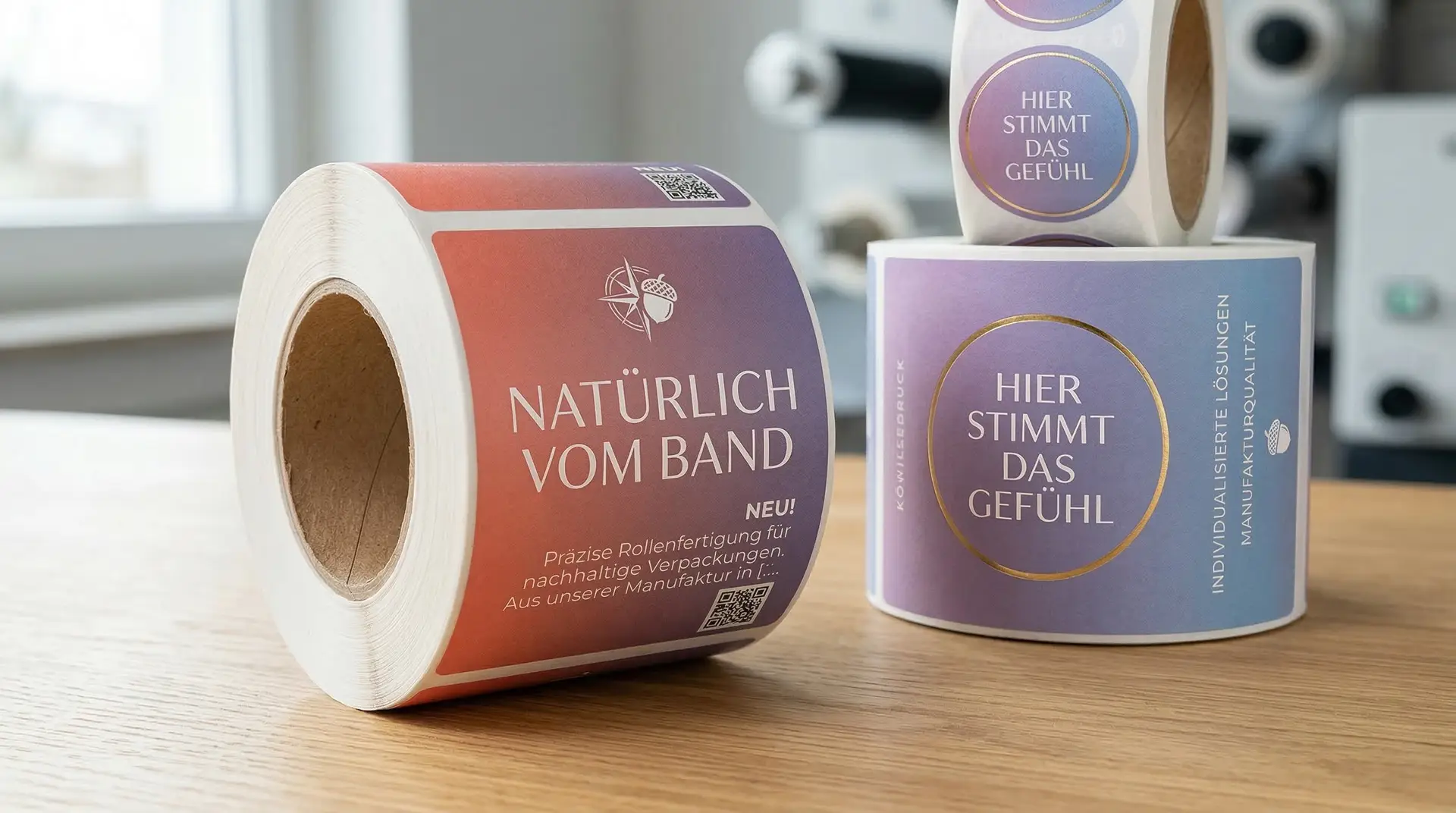 Zwei Etikettenrollen Natürlich vom Band und Hier stimmt das Gefühl auf Holztisch – Rollenetiketten