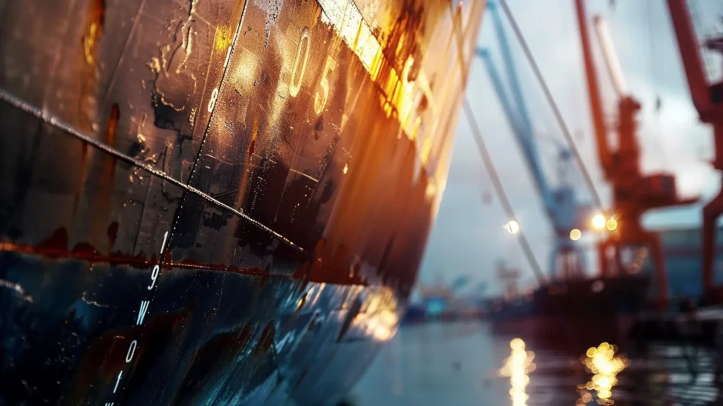 Schiffsrumpf mit Tiefgangsmarkierungen im Hafen bei Sonnenuntergang – Etiketten Schiffbau Marine