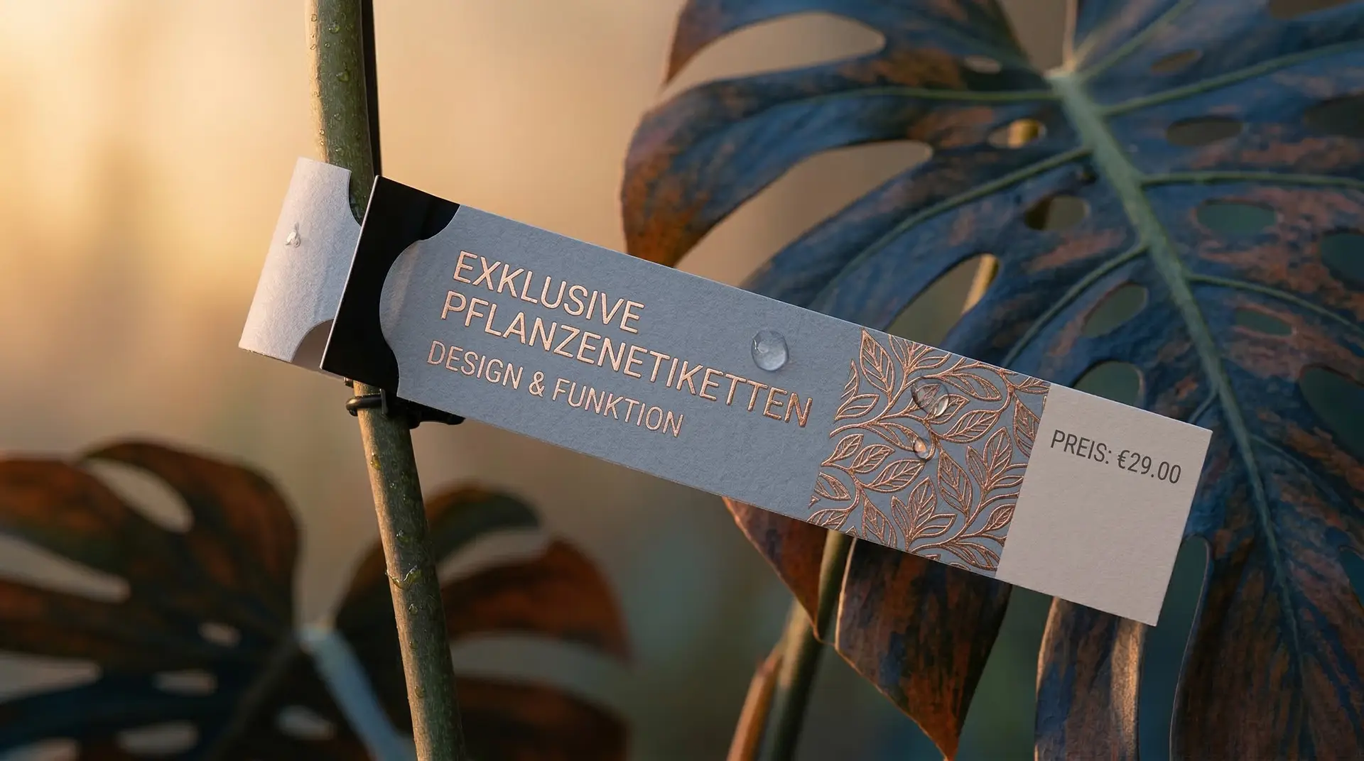 Elegantes graues Schlaufenetikett Exklusive Pflanzenetiketten an Monstera-Blatt – Design-Etiketten