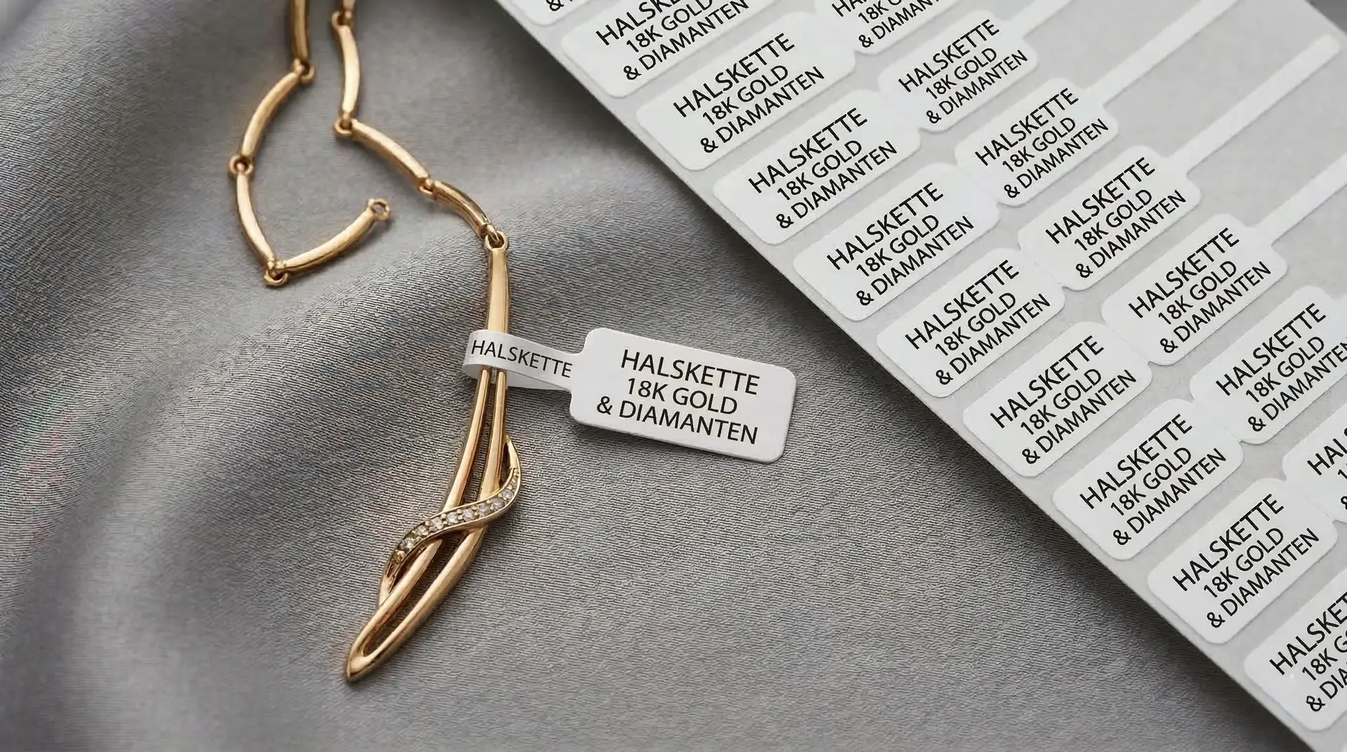 Goldene Halskette mit weißen Schmucketiketten Halskette 18K Gold & Diamanten – Schmucketiketten
