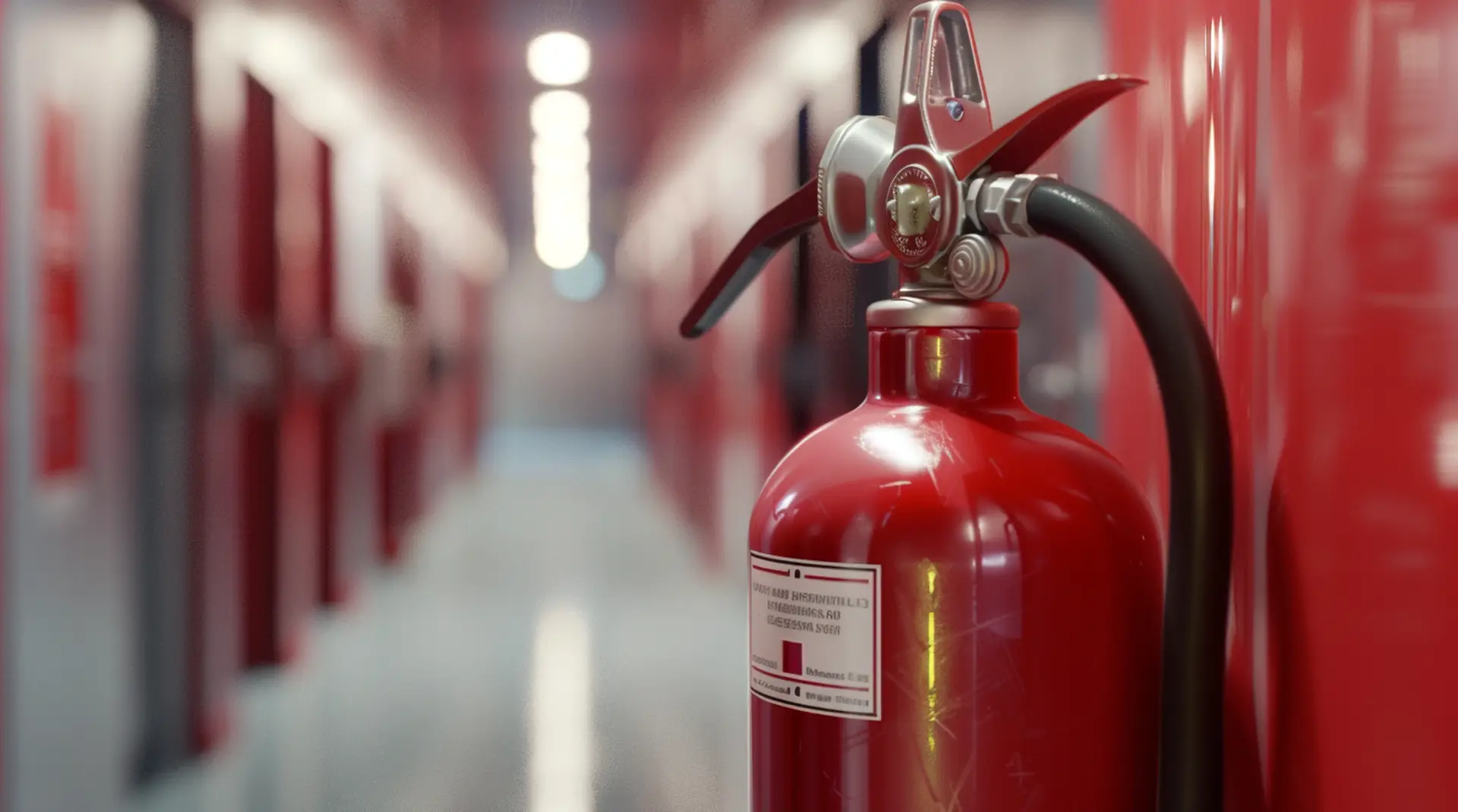 Roter Feuerlöscher mit weißem Etikett an roter Wand im Gebäudekorridor – Brandschutz-Etiketten
