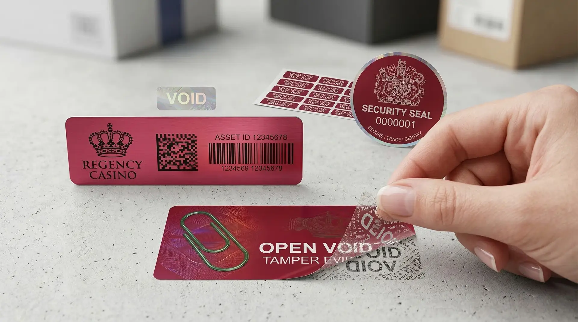 Rote Sicherheitsetiketten mit Barcode, QR-Code, Security Seal und Open VOID – Sicherheitsetiketten