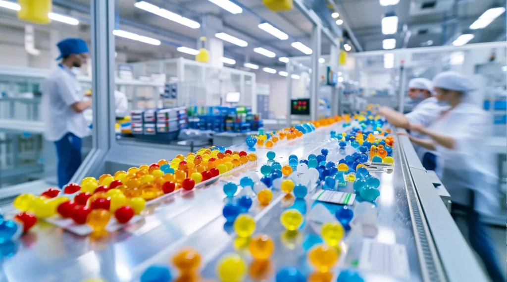 Bunte Gummispielzeugfiguren auf Produktionsförderband in Spielzeugfabrik – Spielwarenindustrie