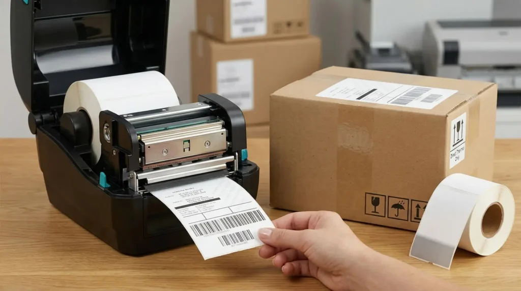 Hand entnimmt bedrucktes Thermo-Direkt-Etikett mit Barcode aus Etikettendrucker neben Versandkarton