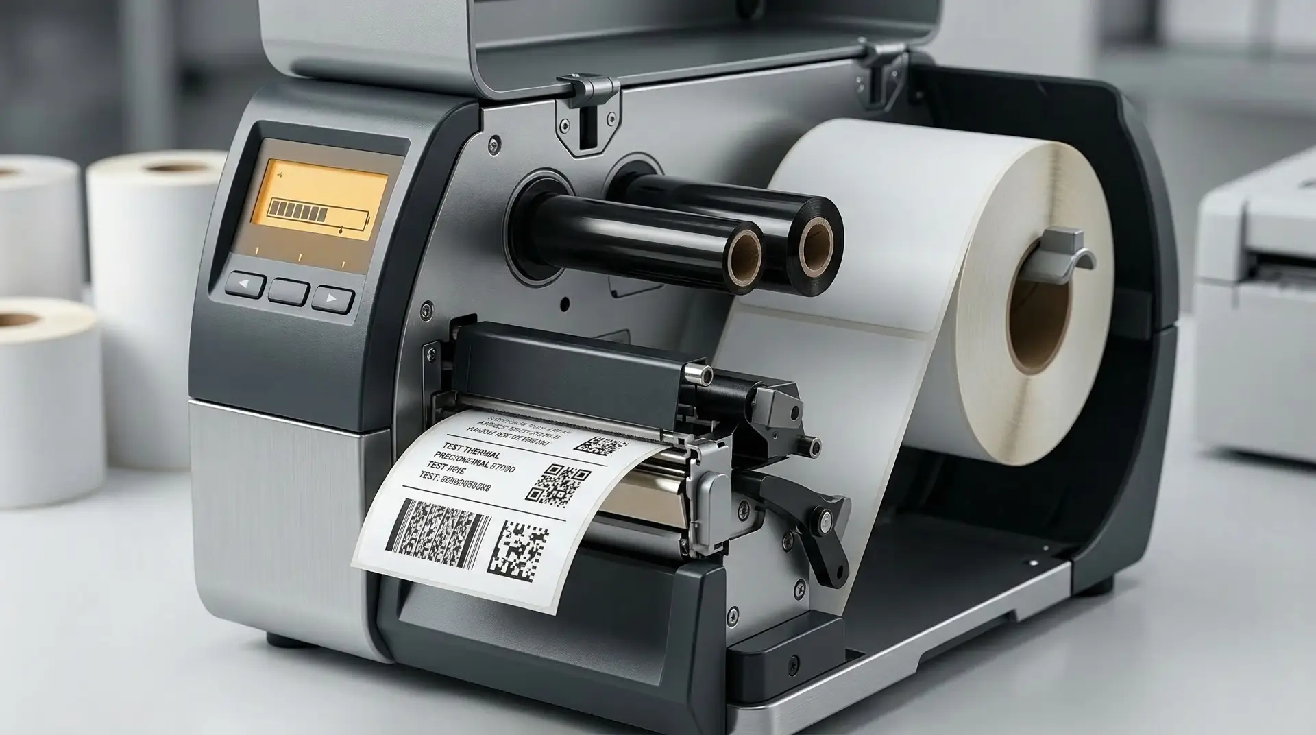 Grauer Industrie-Etikettendrucker mit ausgedrucktem Etikett mit QR-Code und Barcode