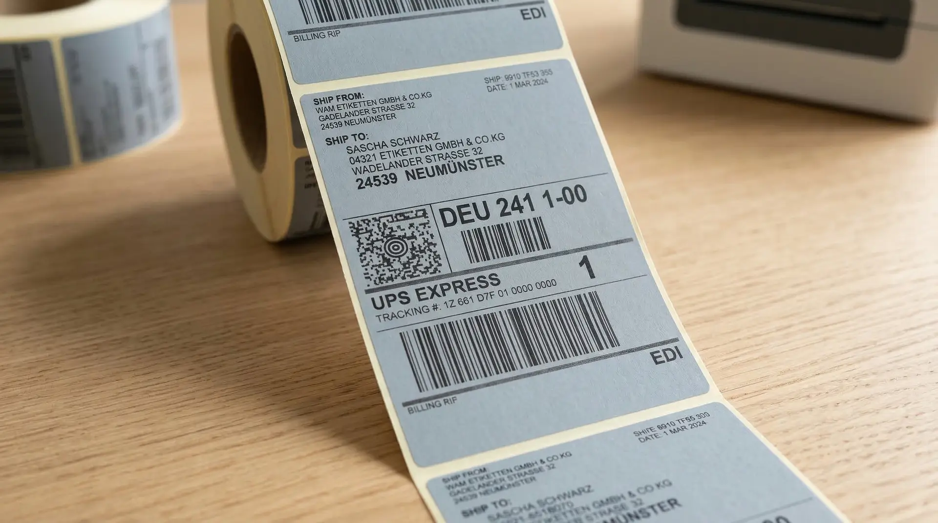 Etikettenrolle mit UPS Express Versandetikett und Barcode neben Thermo-Direkt-Drucker