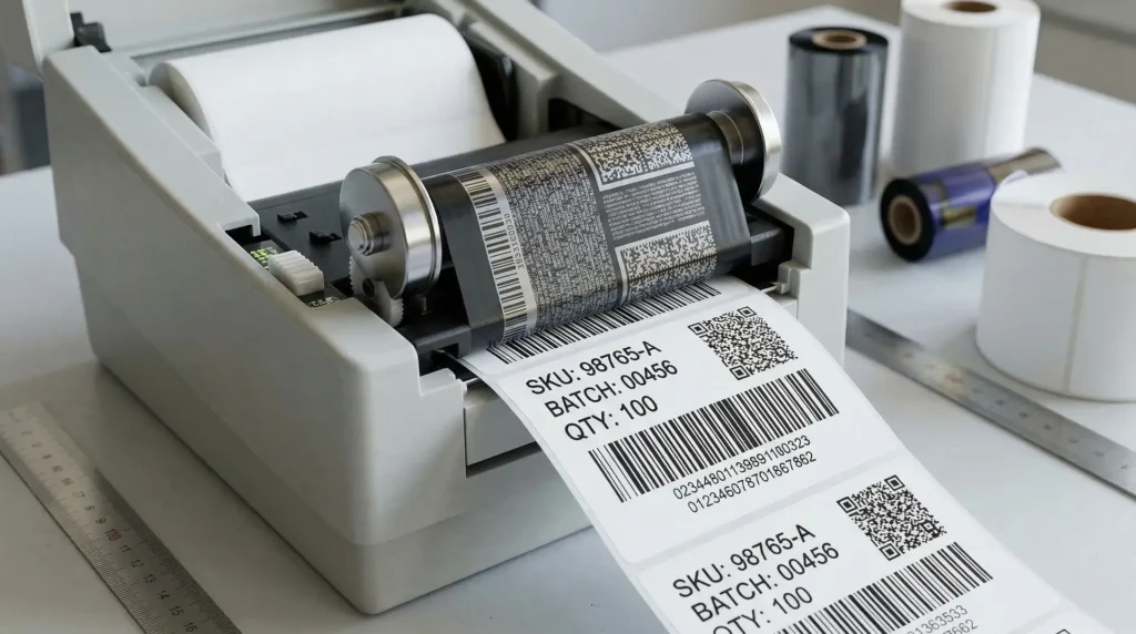 Thermo-Transfer-Drucker druckt Etiketten mit SKU-Barcode und QR-Code, Farbband-Rolle daneben