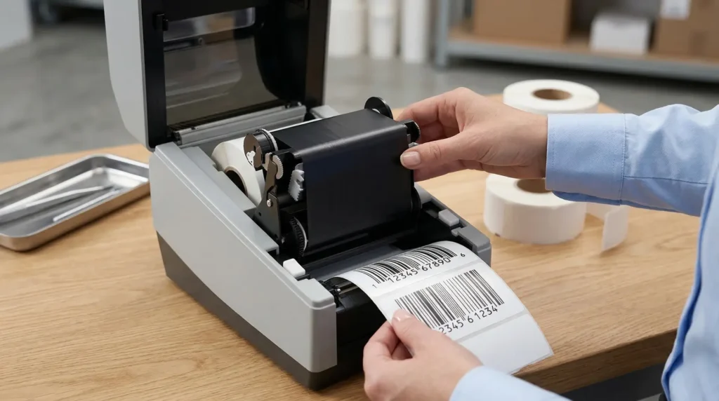 Person wechselt Farbband in geöffnetem Thermo-Transfer-Drucker – Thermo-Transfer-Etiketten