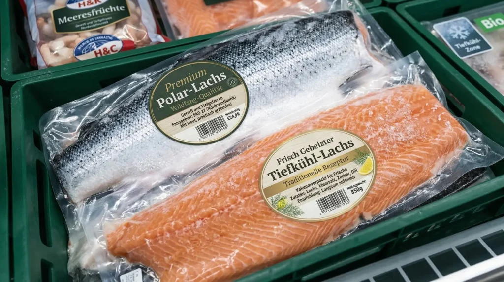 Zwei Lachsfilets im Kühlregal mit runden Premium Polar-Lachs- und Tiefkühl-Etiketten