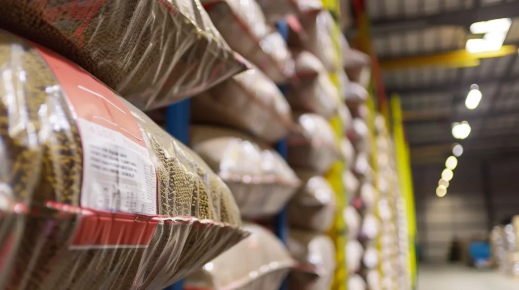 Tiernahrungssäcke mit farbigen Etiketten in Lagerregal – Etiketten für Tiernahrung und Pet-Care