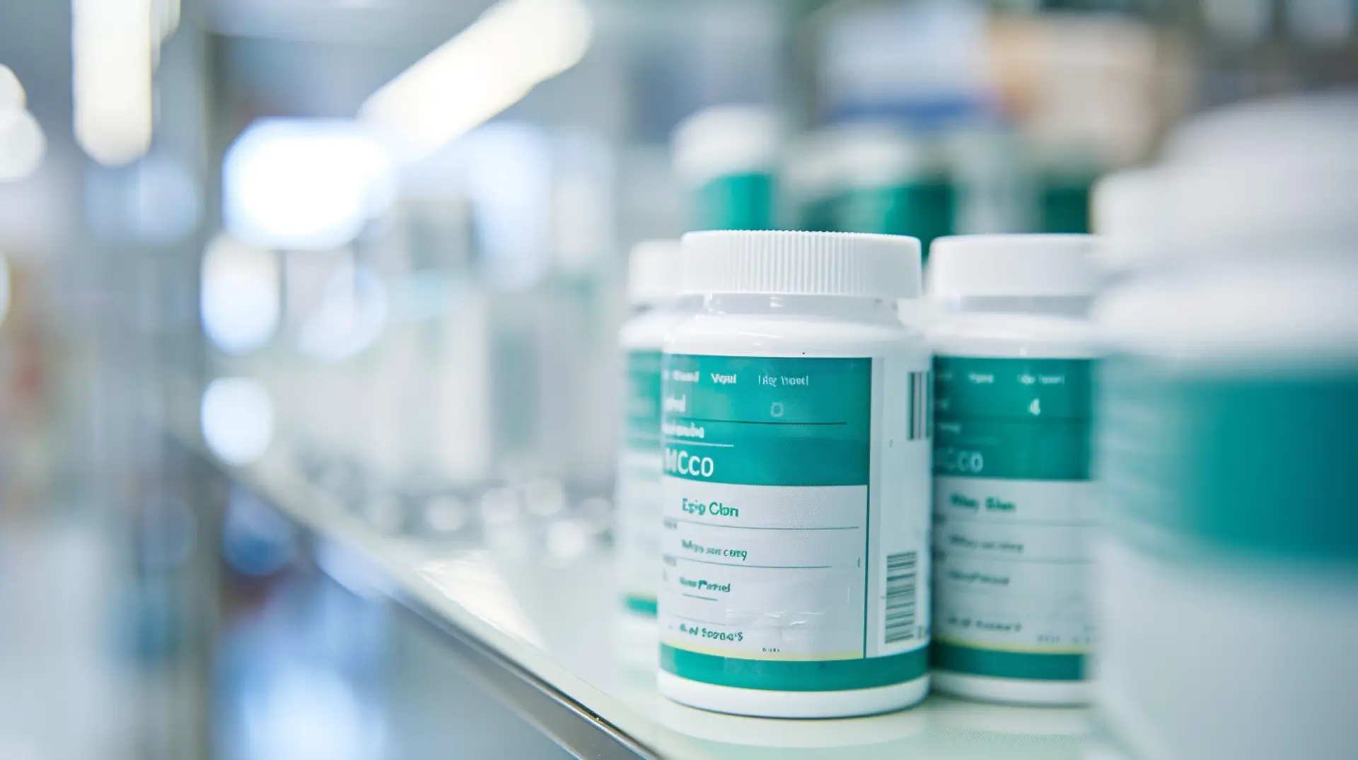 Türkis-weiß etikettierte Tiernahrungsbehälter im Apothekenregal – Etiketten Pet-Care